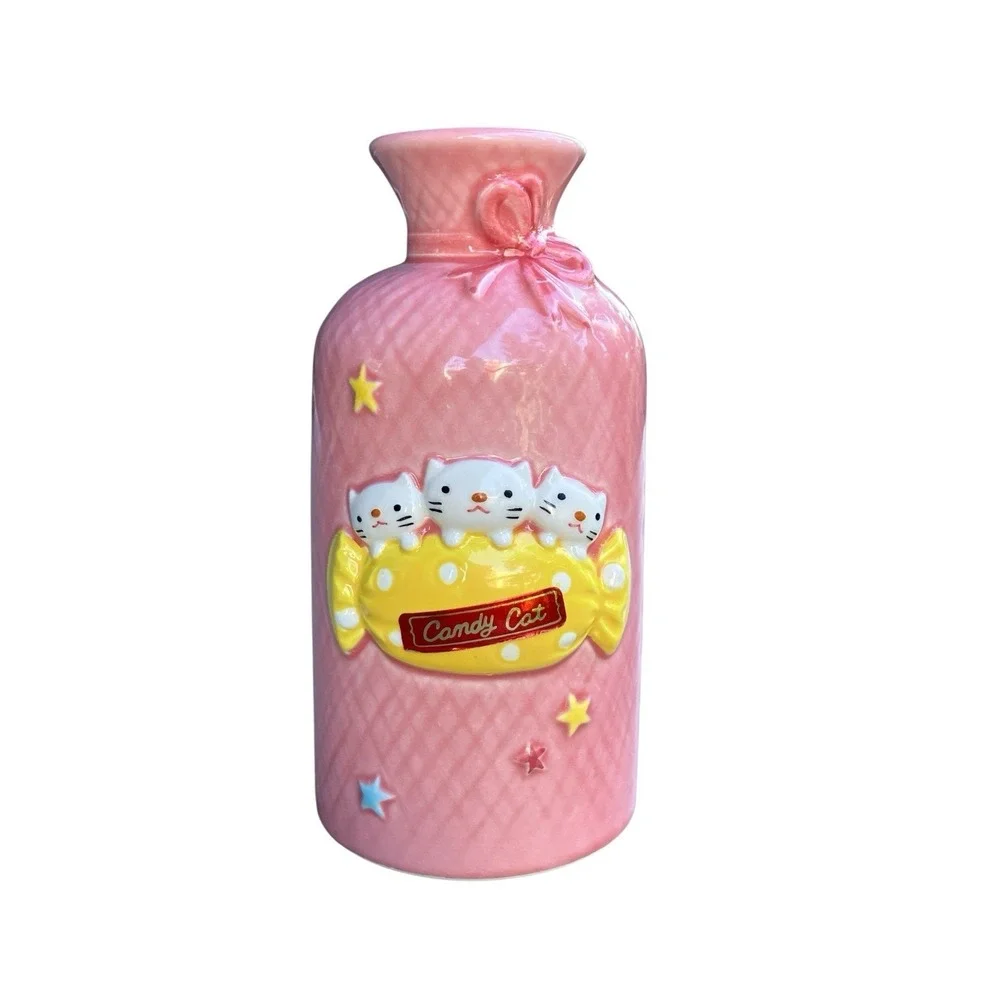 Vintage 1980s Fujika Japan Candy Cat Pink Ceramic Kawaii Bud Vase‎ Foil Label